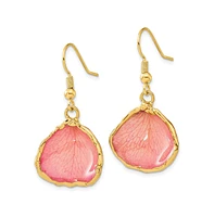 Diamond2Deal 24k Gold-trim Lacquer Dipped Pink Rose Petal Gold-tone Dangle Earrings