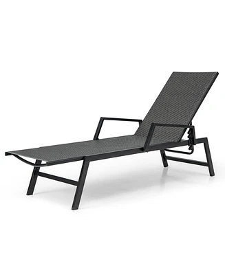 Slickblue Outdoor Rattan Chaise Lounge Reclining Chair with Armrests and 5-Position Backrest-Brown