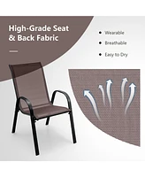 Gymax 4PCS Patio Stacking Dining Chairs w/ Curved Armrests & Breathable Seat Fabric Brown