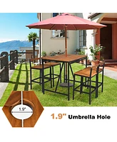 Gymax 5PCS Patio Bar Table Set Pe Rattan High-Dining Bistro Set w/ Acacia Wood Top