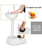 Gymax Portable Wash Sink Camping Sink Wash Basin Stand w/ Wheels & Foot Pump
