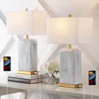Jonathan Y Chloe 24.5" Modern Coastal Iron/Marbled Ceramic Led Table Lamp with Usb Charging Port, Blue/White (Set of 2)