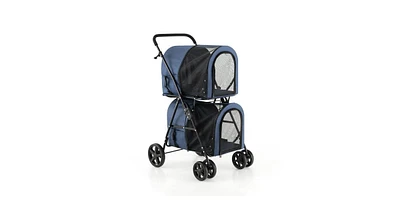 Slickblue 4-in-1 Foldable Double Layer Pet Stroller with 2 Detachable Carriers-Blue