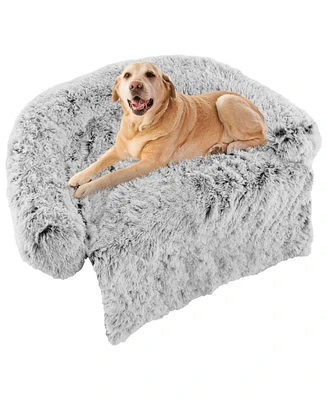 Slickblue White Plush Calming Dog Couch Bed with Anti-Slip Bottom