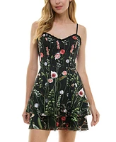 City Studios Juniors' Sweetheart-Neck Fit & Flare Floral-Embroidered Dress