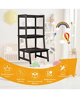 Costway Boys Kitchen Step Stool Wooden Stand Helper w/ Safety Rail