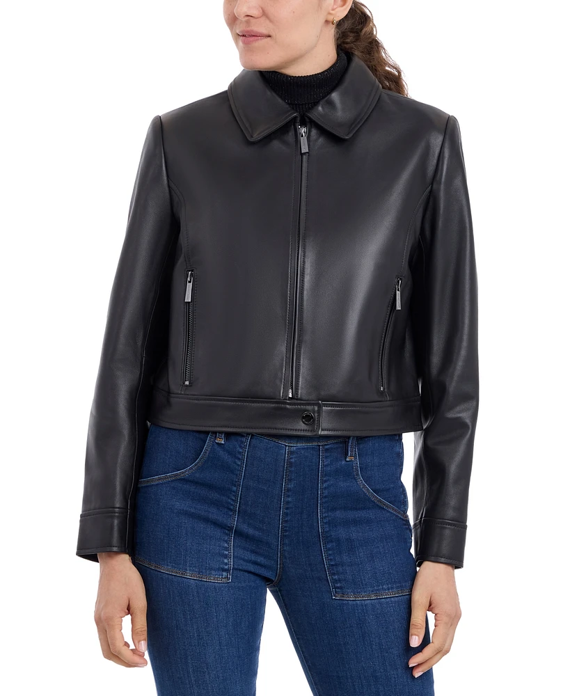 Michael Kors Petite Zip-Front Leather Coat