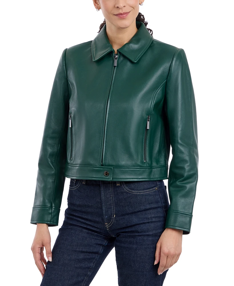 Michael Kors Petite Zip-Front Leather Coat