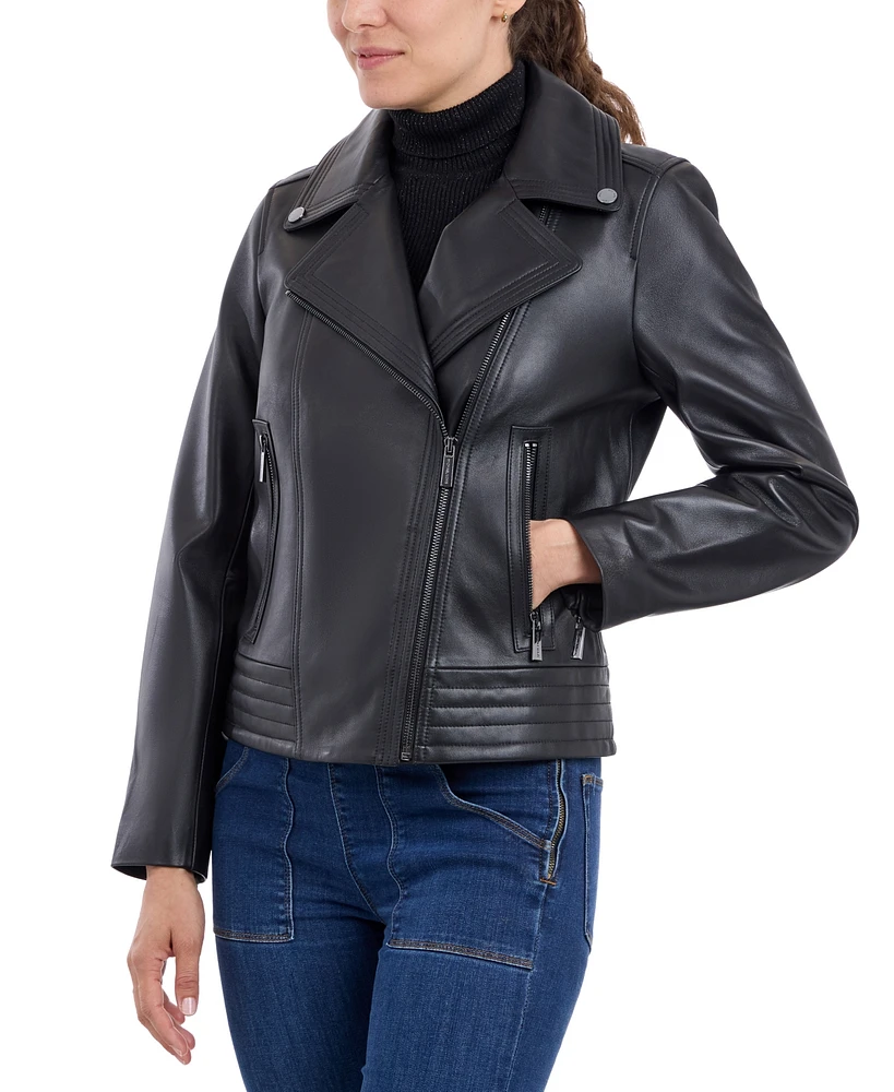 Michael Kors Petite Asymmetric Leather Moto Coat