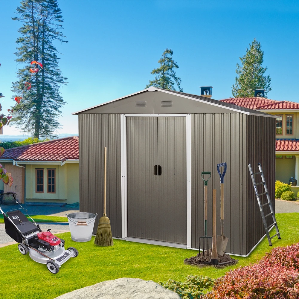 Simplie Fun 6FT X 8FT Outdoor Metal Storage Shed With Floor Base, Gray