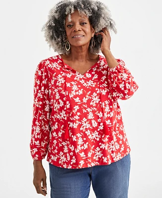 Style & Co Plus Printed Tassel-Tie Long-Sleeve Blouse, Created for Macy's