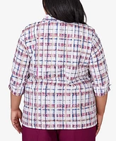 Alfred Dunner Plus Classic Plaid Cuffed Sleeve Button Front Top