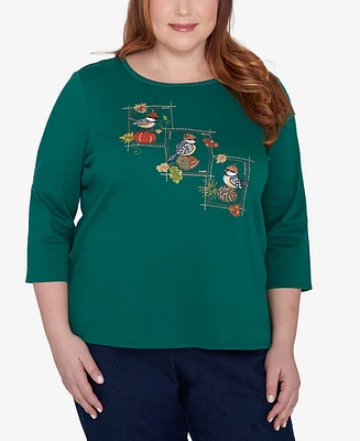 Alfred Dunner Plus Classic Birds with Hats Detailed Crew Neck Top