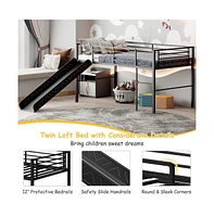 Twin Metal Loft Bed with Slide Safety Guardrails and Built-in Ladder