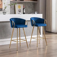 26 Inch Set Of 2 Bar Stools, With Chrome Footrest Velvet + Golden Leg Simple Barstool, Blue