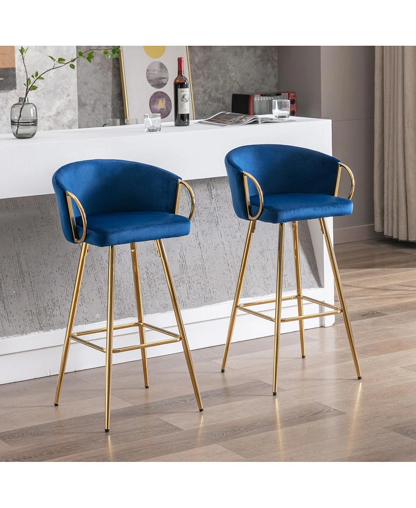 Streamdale Furniture 26 Inch Set Of 2 Bar Stools, With Chrome Footrest Velvet + Golden Leg Simple Barstool, Blue