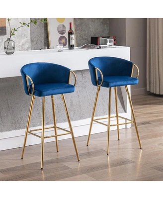 Simplie Fun 26 Inch Set Of 2 Bar Stools, With Chrome Footrest Velvet + Golden Leg Simple Barstool, Blue