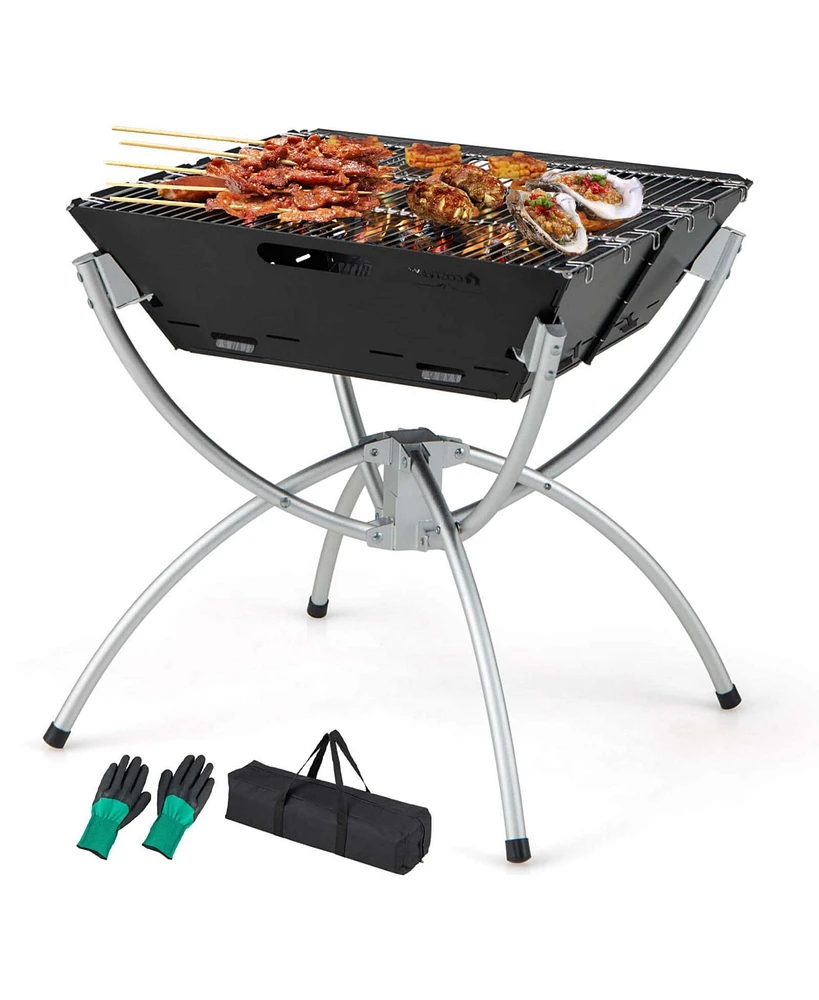 Costway 3-in-1 Portable Charcoal Grill Folding Camping Fire Pit with Carrying Bag & Gloves