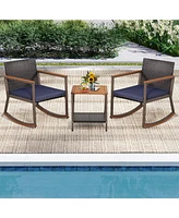3 Pcs Patio Rattan Rocking Chair Bistro Set Armrest Cushion Table with Storage Shelf