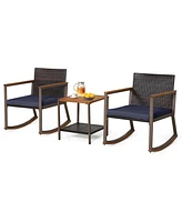 Costway 3 Pcs Patio Rattan Rocking Chair Bistro Set Armrest Cushion Table with Storage Shelf