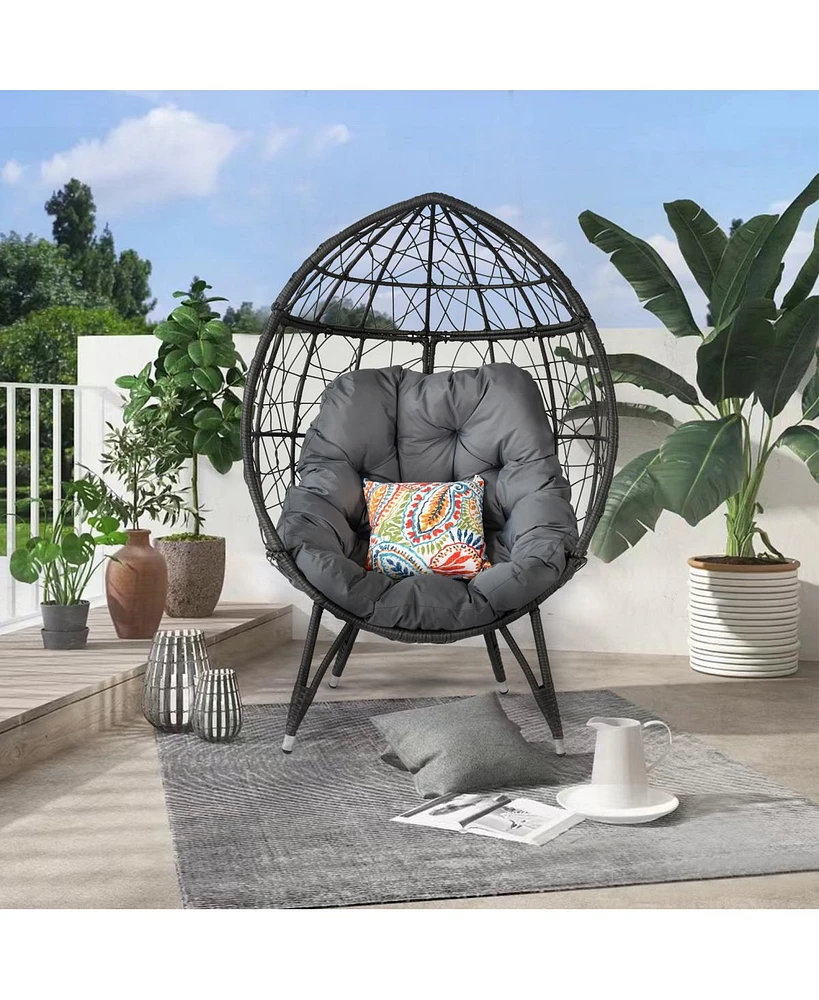 Simplie Fun Outdoor Patio Wicker Egg Chair Indoor Basket Wicker Chair With Grey Cusion For Backyard Poolside