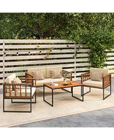 4 Pcs Acacia Wood Outdoor Sofa Set with Heavy Duty Metal Frame Soft Seat