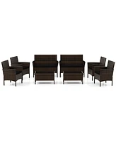 Costway 8 Pcs Patio Furniture Set with Washable Cushions and Tempered Glass Coffee Table