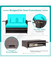 Patio Rattan Loveseat Set Daybed Lounge Storage Ottoman Side Tables Adjust