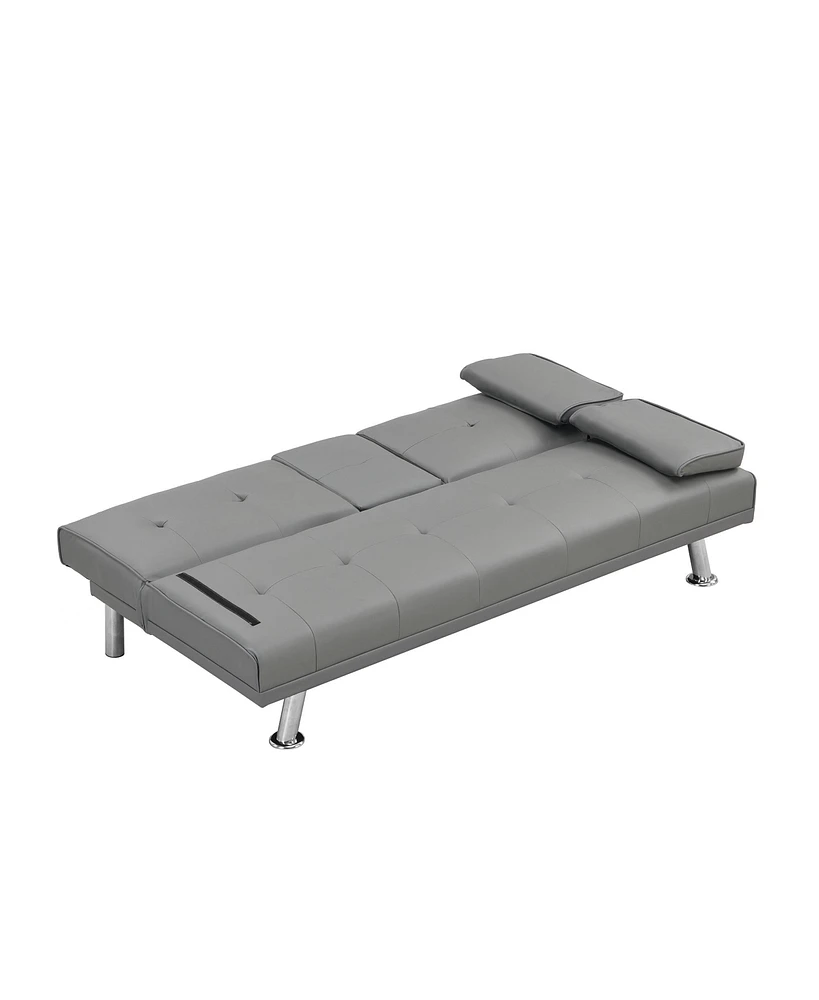 Streamdale Furniture Sofa Bed With Armrest Two Holders Wood Frame, Stainless Leg, Futon Grey Pvc