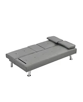 Simplie Fun Sofa Bed With Armrest Two Holders Wood Frame, Stainless Leg, Futon Grey Pvc