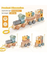Kids Wooden Toy Train Set 3-Section with Stacking Blocks Baby Toddler Education