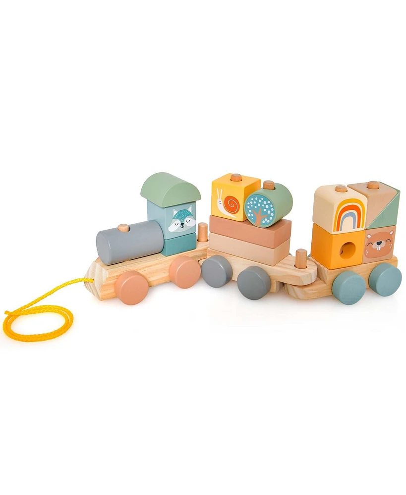 Costway Kids Wooden Toy Train Set 3-Section with Stacking Blocks Baby Toddler Education - Assorted pre