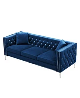 Simplie Fun 82.3" Width Modern Velvet Sofa Jeweled Buttons Tufted Square Arm Couch Blue, 2 Pillows Included