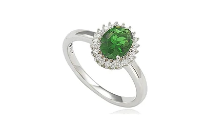 Suzy Levian New York Sterling Silver Cubic Zirconia Green Oval Halo Ring