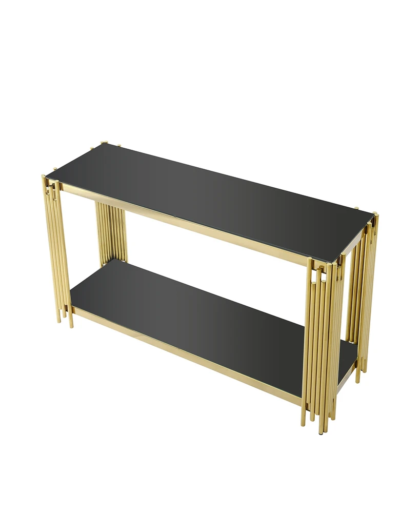 Simplie Fun Gold Glass Console Table, 55" Sturdy Metal Frame, Black Tempered Glass Top