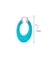 Bling Jewelry Wide Flat Blue Natural Turquoise Large Oval Hoop Earrings For Women Sterling Silver 1.5" Diameter