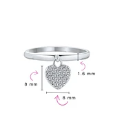 Bling Jewelry Simple Delicate Sterling Silver Pave Dangle Heart Charm Ring For 1MM Thin Band