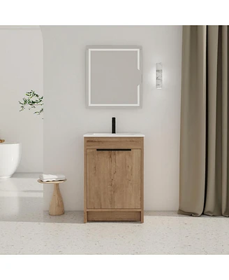 Simplie Fun 24" Freestanding Bathroom Vanity With White Ceramic Sink & 2 Soft-Close Cabinet Doors