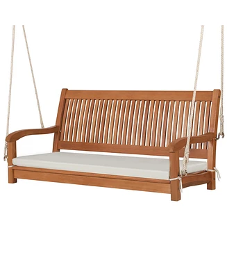 Costway 2-Person Hanging Porch Swing Wood Bench with Cushion Curved Back Outdoor Natural