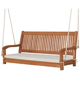 Costway 2-Person Hanging Porch Swing Wood Bench with Cushion Curved Back Outdoor Natural