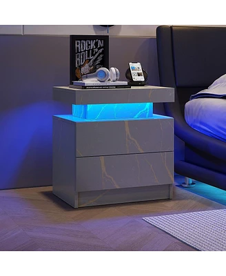 Nightstand Led Bedside Table Cabinet Lights Modern End Side With 2 Drawers For Bedroom (Gray Gold)
