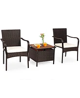 Slickblue 3 Pieces Patio Rattan Furniture Bistro Set with Wood Side Table and Stackable Chair