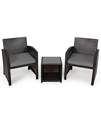 Slickblue 3 Pieces Pe Rattan Wicker Furniture Set with Cushion Sofa Coffee Table for Garden