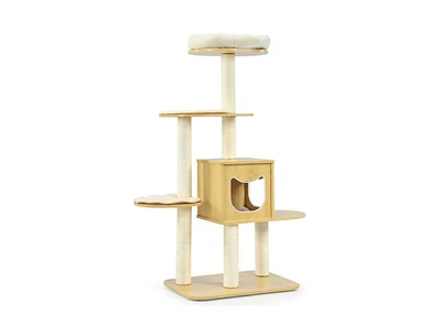 Slickblue 4 Levels Modern Wood Cat Tower with Washable Mats-Walnut