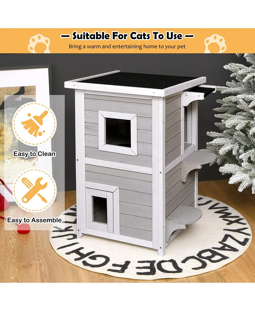 Slickblue 2-Story Wooden Cat House with Escape Door Rainproof