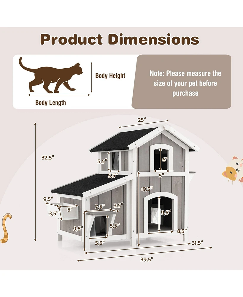 Slickblue Outdoor 2-Story Wooden Feral Cat House with Escape Door-Gray