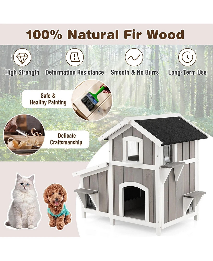 Slickblue Outdoor 2-Story Wooden Feral Cat House with Escape Door-Gray