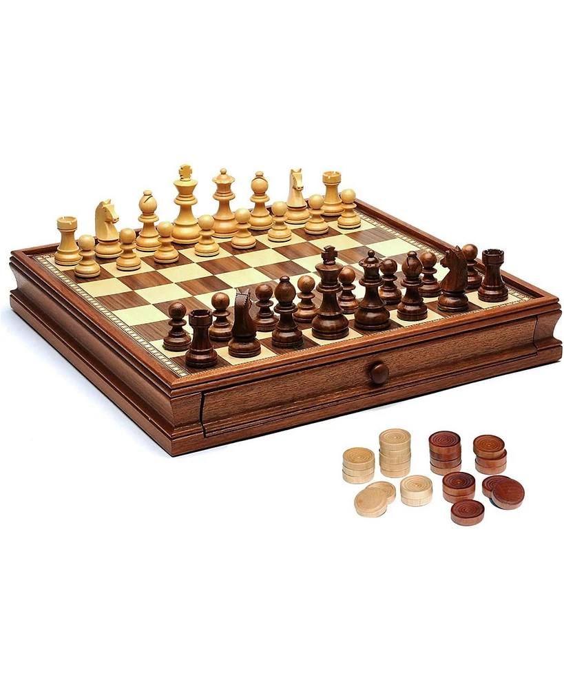 We Games French Staunton Chess & Checkers Set - Weighted Pieces, Brown & Natural Wooden Board with Storage Drawers - 15 in.