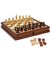 We Games French Staunton Chess & Checkers Set - Weighted Pieces, Brown & Natural Wooden Board with Storage Drawers - 15 in.