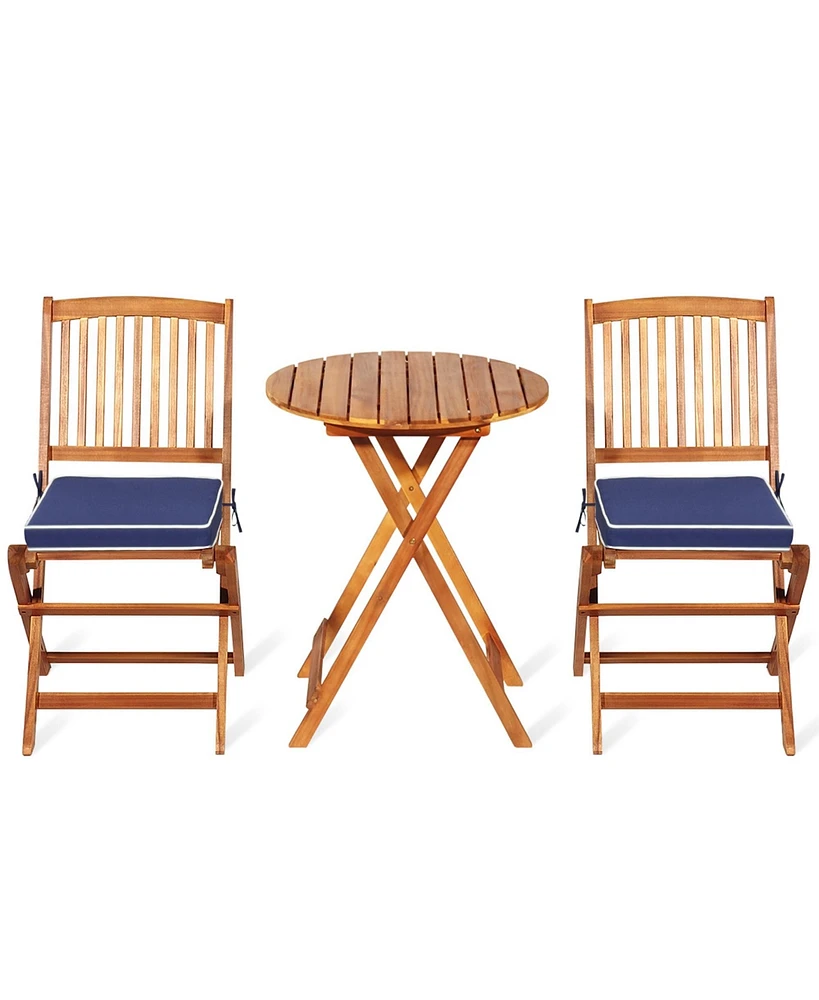 Gymax 3PCS Folding Patio Conversation Set Acacia Wood Bistro Set w/ Cushions